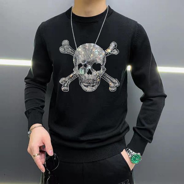 men's sweaters woolen clothes black and white knitted long-sleeved winter round neck sweater drill skull pullover, White;black
men's sweaters woolen clothes black and white knitted long-sleeved winter round neck sweater drill skull pullover, White;black