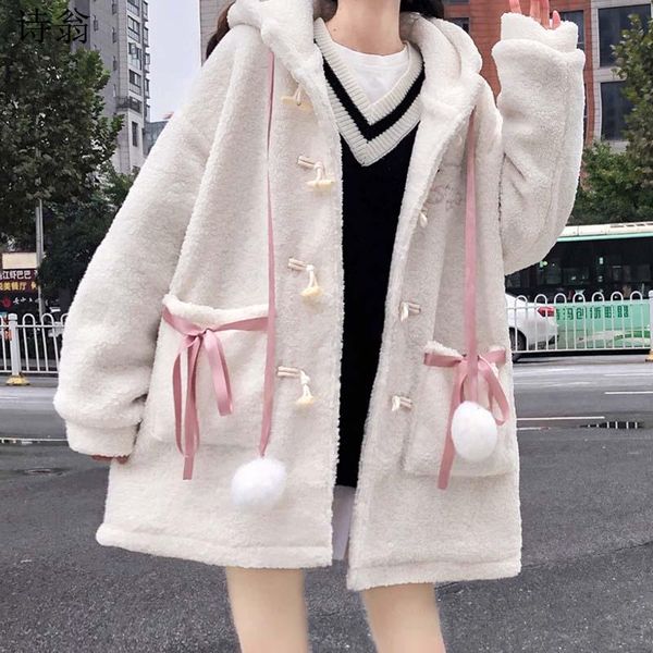 women pink winter cardigan hooded cute kawaii horn button lolita woolen coats female lamb wool cotton padded embroidered jacket, Black
women pink winter cardigan hooded cute kawaii horn button lolita woolen coats female lamb wool cotton padded embroidered jacket, Black