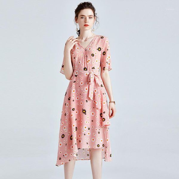 party dresses pink daisy print silk dress women summer v neck belt warp high waist irregular elegant ladies casual midi vestidos1, White;black
party dresses pink daisy print silk dress women summer v neck belt warp high waist irregular elegant ladies casual midi vestidos1, White;black
