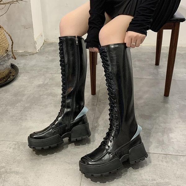 fashion cross strap knee high leather boots women punk style motorcycle boots woman casual round toe platform shoes mujer, Black
fashion cross strap knee high leather boots women punk style motorcycle boots woman casual round toe platform shoes mujer, Black