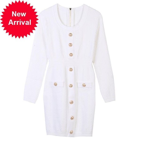 high 2021 new quality elegant fashion long-sleeved female winter long-sleeve black-white neck glod thin button midi knitted dress mijv, Black;gray 
high 2021 new quality elegant fashion long-sleeved female winter long-sleeve black-white neck glod thin button midi knitted dress mijv, Black;gray