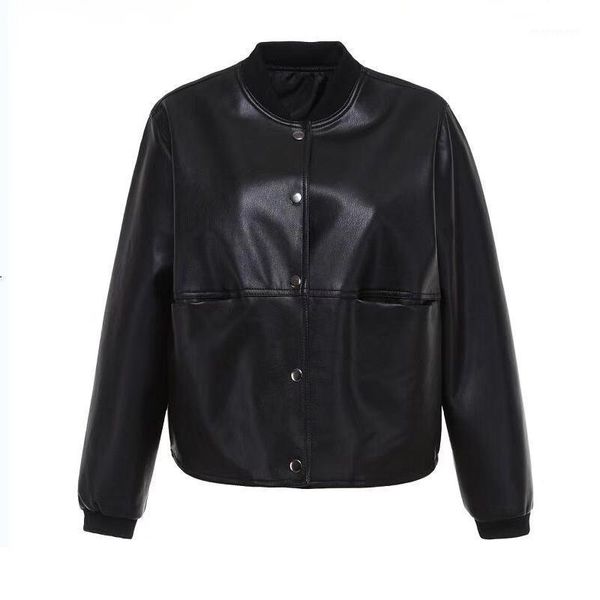 women's leather & faux spring autumn super quality jacket women round neck loose thin baseball motor coats1, Black
women's leather & faux spring autumn super quality jacket women round neck loose thin baseball motor coats1, Black