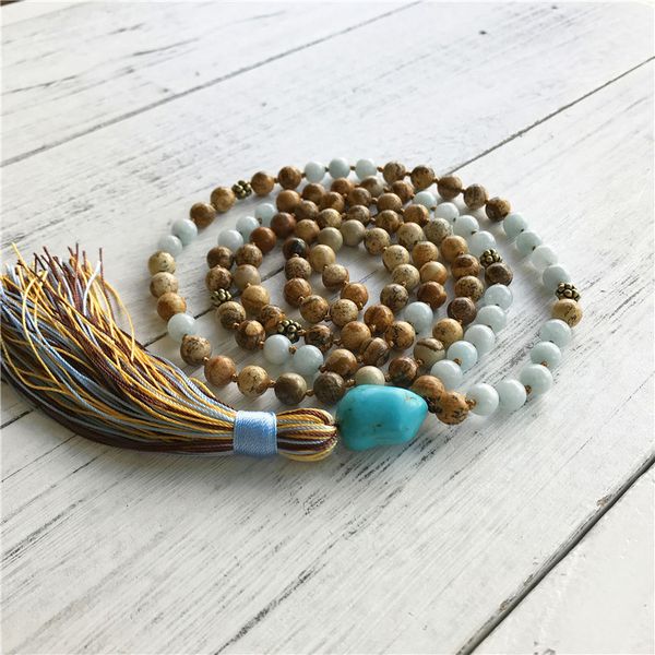 108 knotted mala necklace meditation beads buddhist prayer beads picture jaspers tassel necklace for calming balance strength 200929, Silver
108 knotted mala necklace meditation beads buddhist prayer beads picture jaspers tassel necklace for calming balance strength 200929, Silver