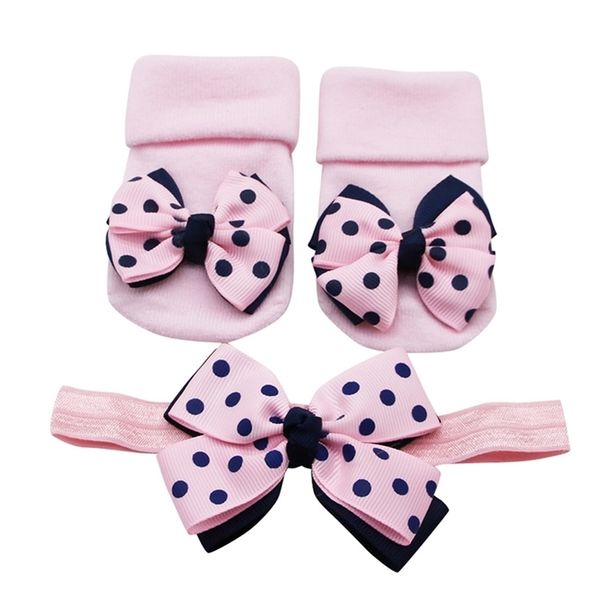 newborn baby socks+1pc hair belt toddler girls bow wave point anti-slip socks ##2 y201009, Pink;yellow