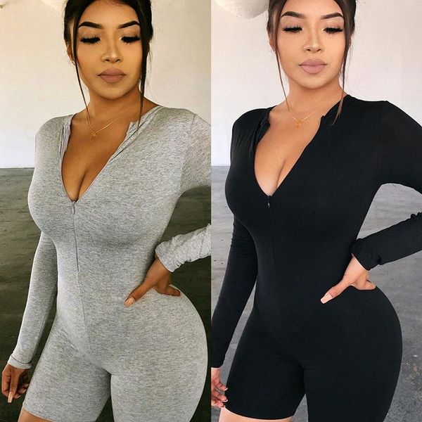 women long sleeve black gray overalls bodycon jumpsuit jumpsuit autumn body zip up club romper shorts dropshipping, Black;white