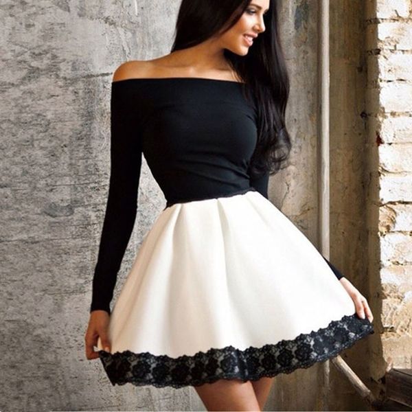 borntogirl women spring autumn winter black white slash neck long sleeve lace stitching dress robe femme lj201125, Black;gray
borntogirl women spring autumn winter black white slash neck long sleeve lace stitching dress robe femme lj201125, Black;gray
