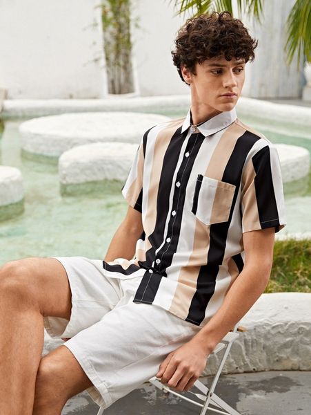 men pocket front striped shirt 20wd#, White;black