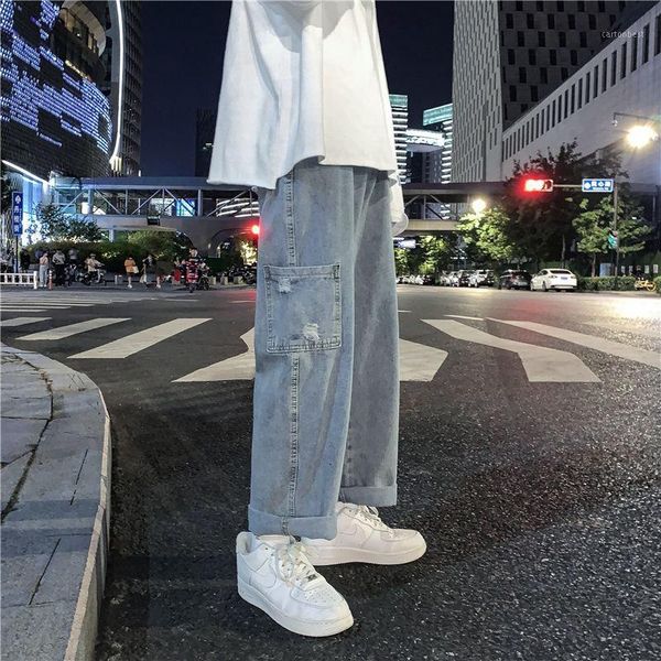 men's jeans fashion side large pocket men straight pants washed denim loose trousers 1, Blue
men's jeans fashion side large pocket men straight pants washed denim loose trousers 1, Blue