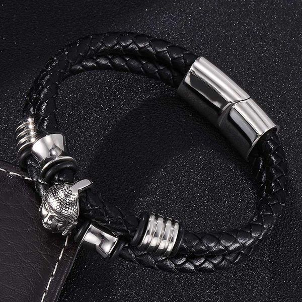 charm bracelets punk double layer black braided leather buddha bracelet men stainless steel magnetic clasps vintage male jewelry st0338, Golden;silver 
charm bracelets punk double layer black braided leather buddha bracelet men stainless steel magnetic clasps vintage male jewelry st0338, Golden;silver