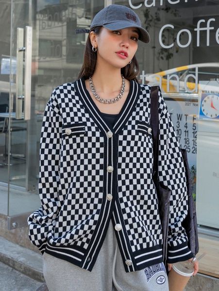 dazy checker print button front cardigan r5tn#, White 
dazy checker print button front cardigan r5tn#, White