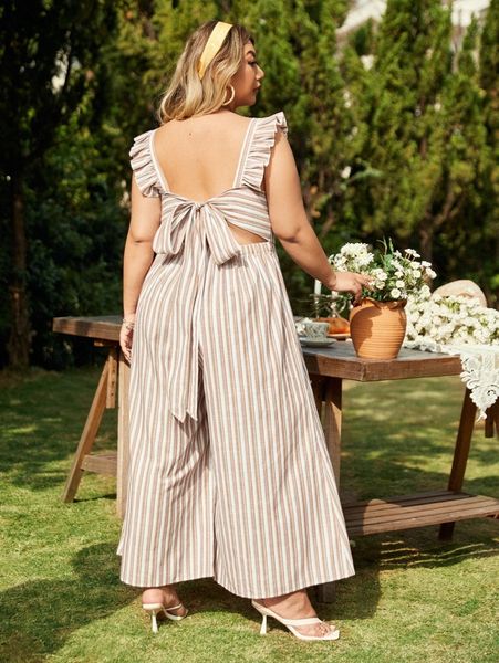 plus striped ruffle trim knot back jumpsuit g9n6#, Black
plus striped ruffle trim knot back jumpsuit g9n6#, Black