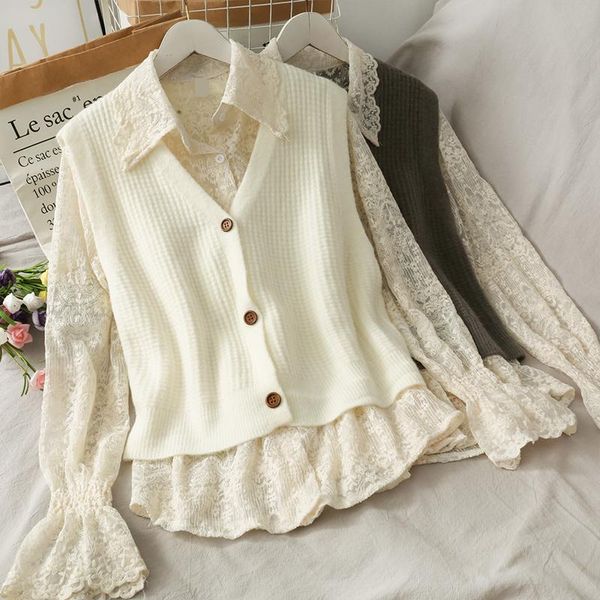 women's tracksuits super fairy fashion suit female style lapel trumpet sleeve loose lace bottoming shirt buttoned knit sweater vest, Gray
women's tracksuits super fairy fashion suit female style lapel trumpet sleeve loose lace bottoming shirt buttoned knit sweater vest, Gray