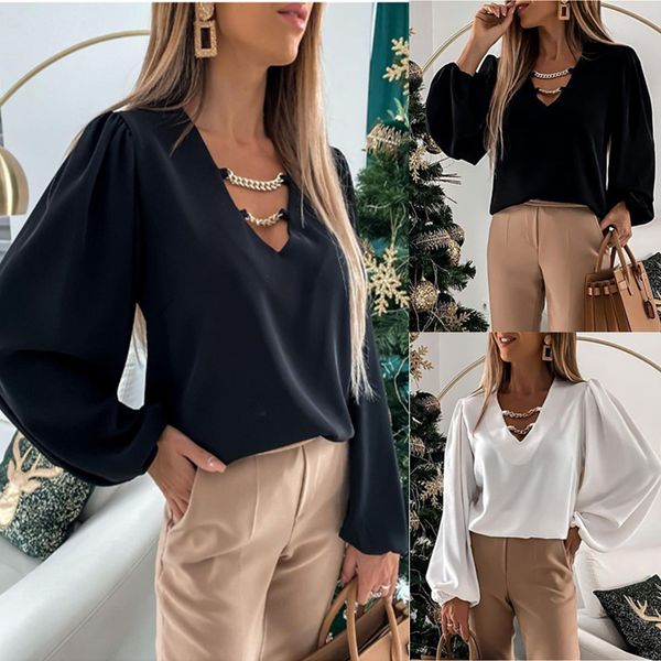 women metal chain deep v neck blouse spring elegant lantern sleeve satin shirt casual solid loose simple pullover, White
women metal chain deep v neck blouse spring elegant lantern sleeve satin shirt casual solid loose simple pullover, White
