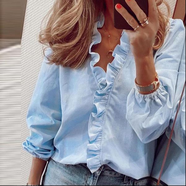 women summer spring new shirt solid fashion ruffle v neck european american long sleeve slim pineapple print shirt ladies, White
women summer spring new shirt solid fashion ruffle v neck european american long sleeve slim pineapple print shirt ladies, White