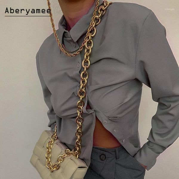 aberyamee woman shirts notched ladies blouse casual oblique placket buttons up cloth high street grey long sleeve pleated 1, White
aberyamee woman shirts notched ladies blouse casual oblique placket buttons up cloth high street grey long sleeve pleated 1, White