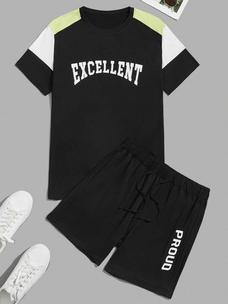 men letter graphic colorblock tee & drawstring waist shorts 78rl#, Gray
men letter graphic colorblock tee & drawstring waist shorts 78rl#, Gray