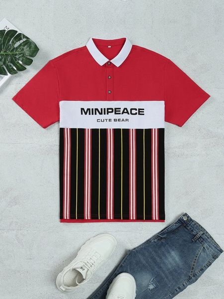 men striped and letter graphic polo shirt i1qn#, White;black