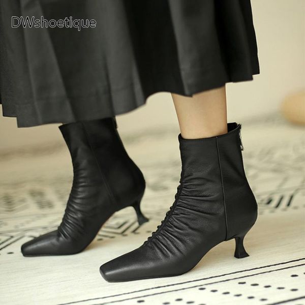 boots winter wrinkle genuine leather women ankle zipper square toe booties, Black