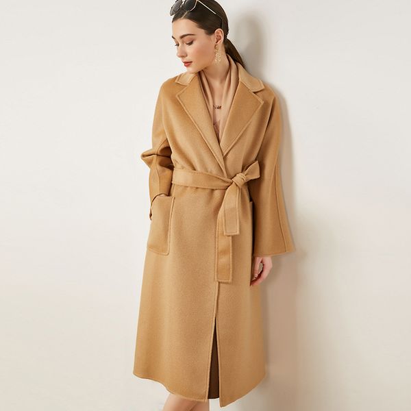 women's double cashmere winter coat notched collar long sleeves front pockets lace up belt fashion casual outerwear overcoat, Black
women's double cashmere winter coat notched collar long sleeves front pockets lace up belt fashion casual outerwear overcoat, Black