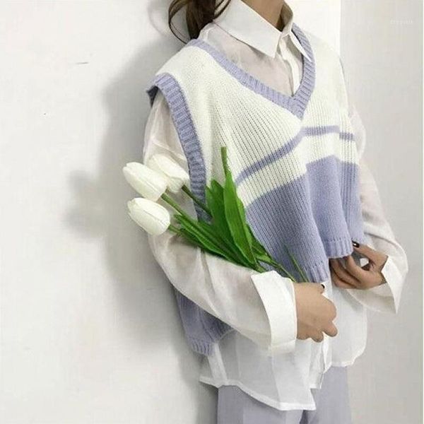 preppy style autumn women sweater vest loose sleeveless striped patchwork v neck waistcoat new female outwear1, Black;white
preppy style autumn women sweater vest loose sleeveless striped patchwork v neck waistcoat new female outwear1, Black;white