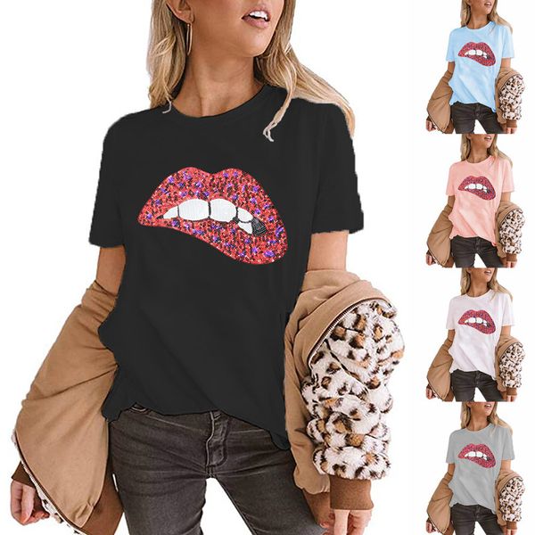 2020 new womens blouse sequined embroidered lips pattern round neck short sleeve t-shirt, White
2020 new womens blouse sequined embroidered lips pattern round neck short sleeve t-shirt, White