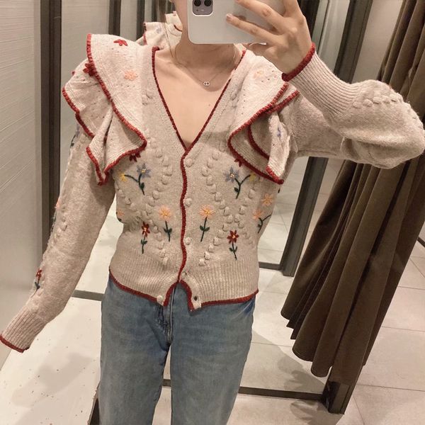 za autumn embroidered v-neck knitted sweater ladies retro ruffled long-sleeved cardigan ladies casual loose sweater 201030, White
za autumn embroidered v-neck knitted sweater ladies retro ruffled long-sleeved cardigan ladies casual loose sweater 201030, White
