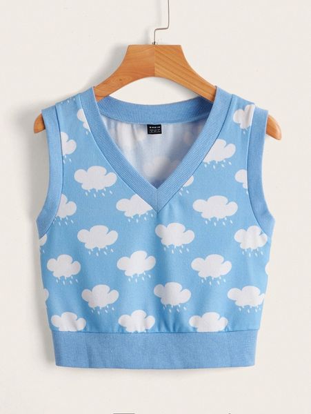 cloud print v neck tank o6xi#, White 
cloud print v neck tank o6xi#, White