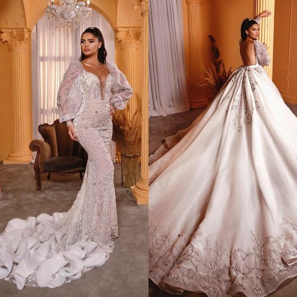gorgeous mermaid wedding dresses with detachable train lace beaded crystal wedding dress backless luxurious dubai bridal gowns, White
gorgeous mermaid wedding dresses with detachable train lace beaded crystal wedding dress backless luxurious dubai bridal gowns, White