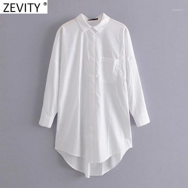 zevity new women simply pocket patch casual long blouse ladies long sleeve business shirt chic femme breasted blusas ls73461, White