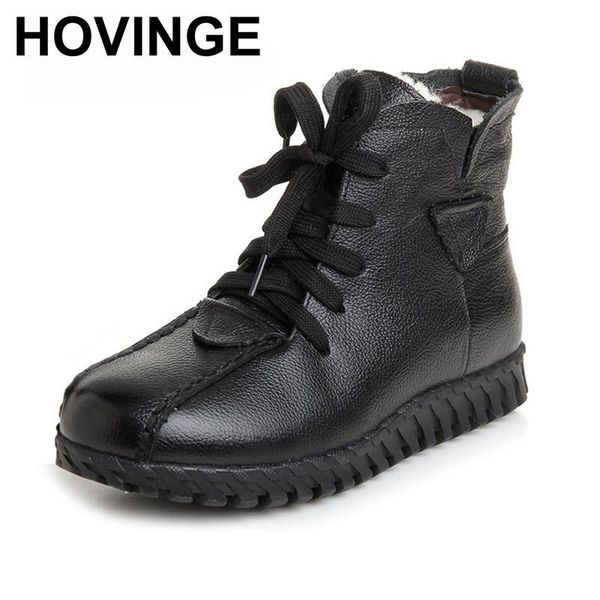 boots hovinge women snow genuine leather thick wool lace up flat ankle for winter warm shoes bottine femme, Black