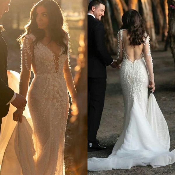 2021 long sleeves wedding dresses mermaid backless 3d floral applique sweep train tulle sequins wedding bridal gown vestido de novia, White
2021 long sleeves wedding dresses mermaid backless 3d floral applique sweep train tulle sequins wedding bridal gown vestido de novia, White