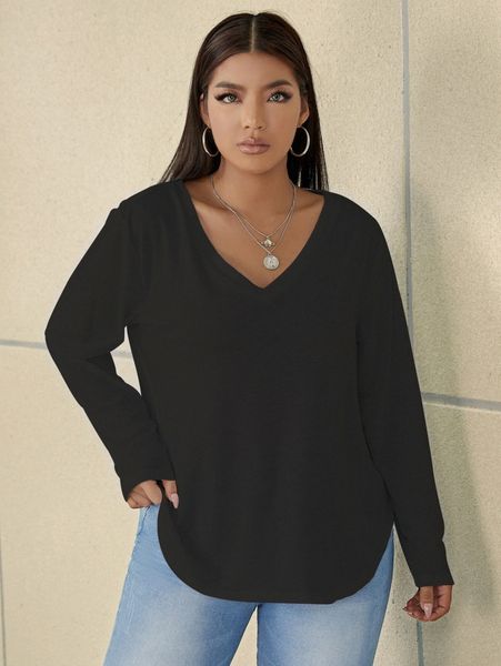 plus curved hem v-neck tee z4gl#, Black