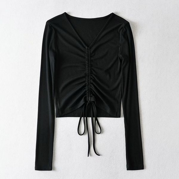 summer new women's fashion v-neck t-shirt drawstring pleated solid color open navel thread long sleeve t-shirt c7634 l7wkh, White 
summer new women's fashion v-neck t-shirt drawstring pleated solid color open navel thread long sleeve t-shirt c7634 l7wkh, White