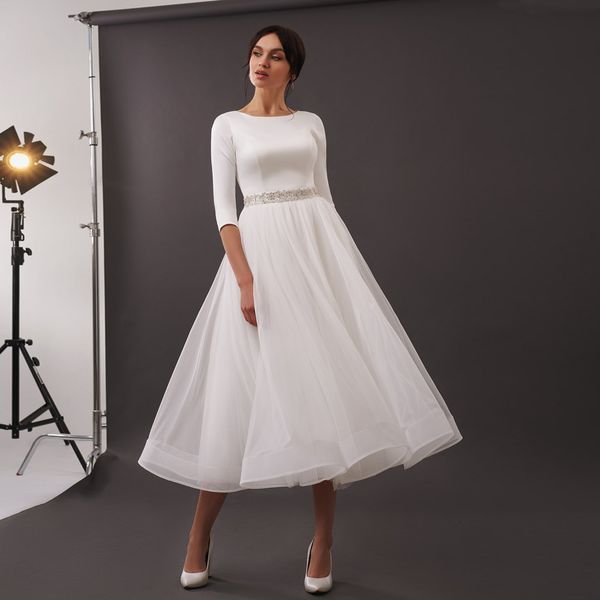 2021 new a-line tea length wedding eleagnt three quarter sleeves scoop beading belt tulle satin bridal es vestido de novia 5o37, White
2021 new a-line tea length wedding eleagnt three quarter sleeves scoop beading belt tulle satin bridal es vestido de novia 5o37, White