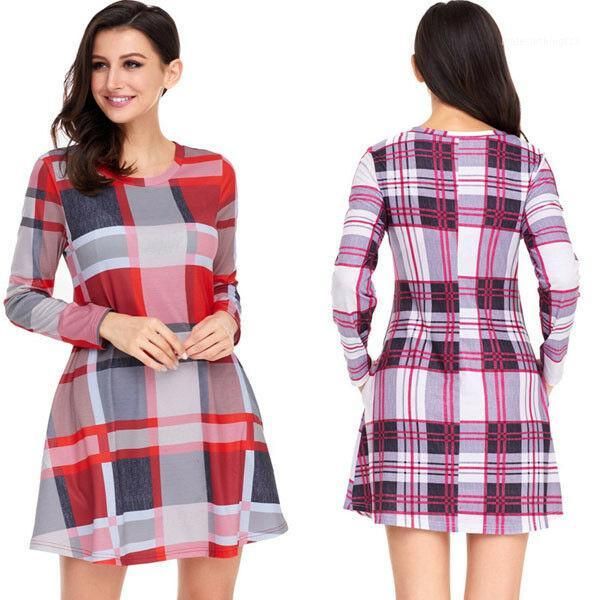 casual dresses womens long sleeve check plain mini dress ladies preppy plaid a-line sexy1, Black;gray