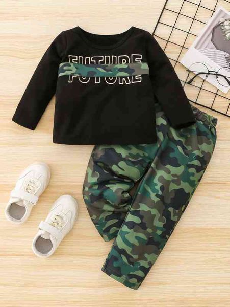 baby letter and camo print tee & pants she, White