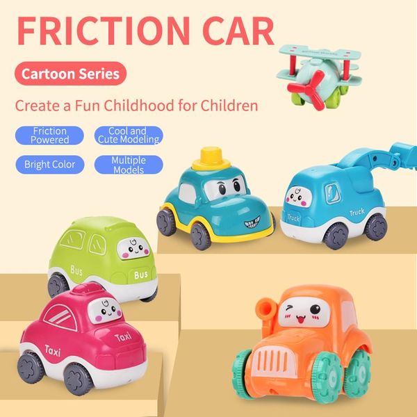 6pcs Cartoon Friction Cars Baby Toys Cute Taxi Bus Tractor Bebe For Kids Boys Educational Gift Over 1 Year Old