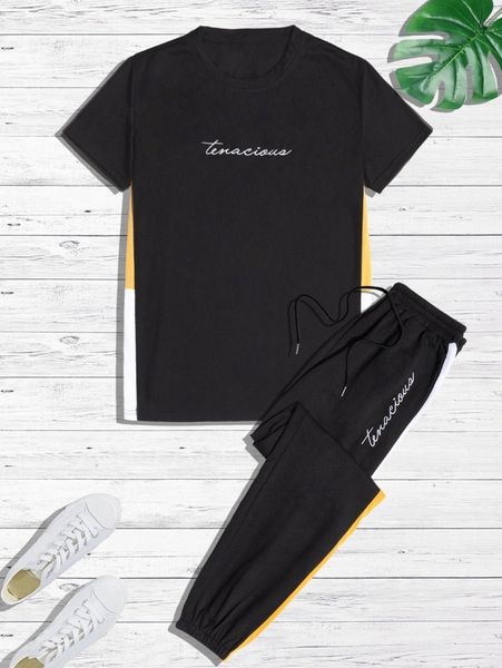men letter graphic contrast panel tee & drawstring waist sweatpants 96f8#, Gray
men letter graphic contrast panel tee & drawstring waist sweatpants 96f8#, Gray