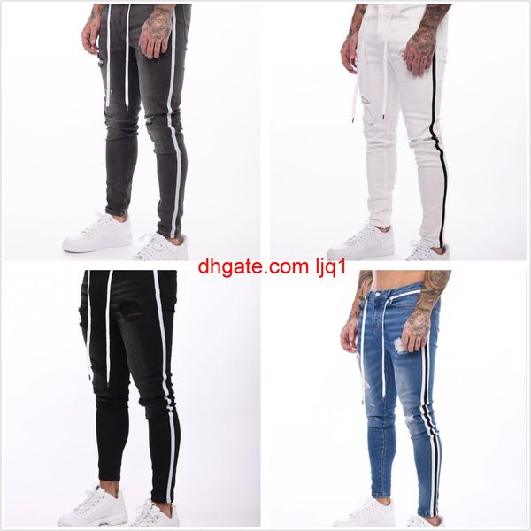2020 new men's white slim hole leggings paint tether jeans men's, Blue