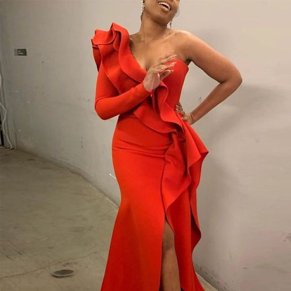 2021 mermaid prom dresses one shoulder ruffle formal long evening gowns split front satin floor length party dress in stock, Red
2021 mermaid prom dresses one shoulder ruffle formal long evening gowns split front satin floor length party dress in stock, Red