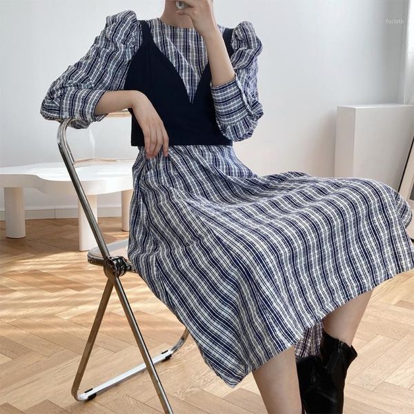 plaid bubble sleeve women dress long sleeve light ripe split dress with bra1, Black;gray
plaid bubble sleeve women dress long sleeve light ripe split dress with bra1, Black;gray