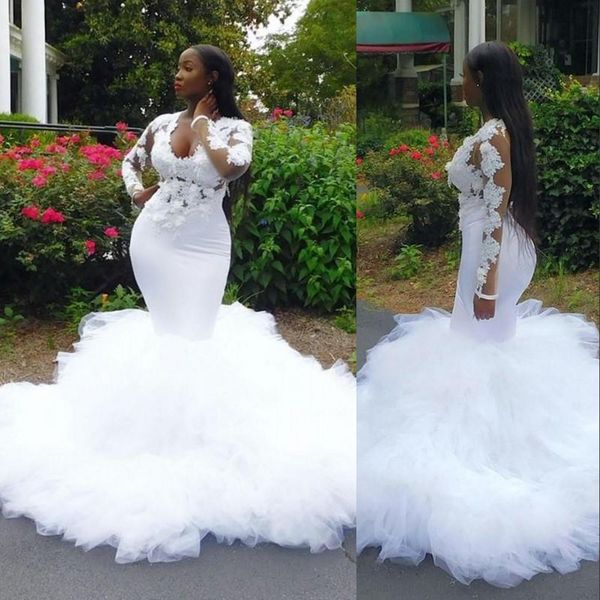 2020 african mermaid wedding dresses v neck illusion lace appliques crystal beaded long sleeves tiered open back formal bridal gowns, White
2020 african mermaid wedding dresses v neck illusion lace appliques crystal beaded long sleeves tiered open back formal bridal gowns, White