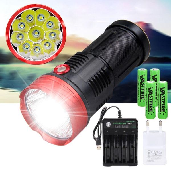 Ultra Bright 6000 Lumens 10*t6 Led 3 Lighting Modes Waterproof Camping Huting Light Torch+4*18650 Battery+usb Charger