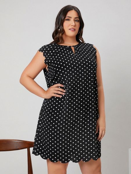 plus keyhole neck polka dot print scallop trim dress c8v7#, Black 
plus keyhole neck polka dot print scallop trim dress c8v7#, Black