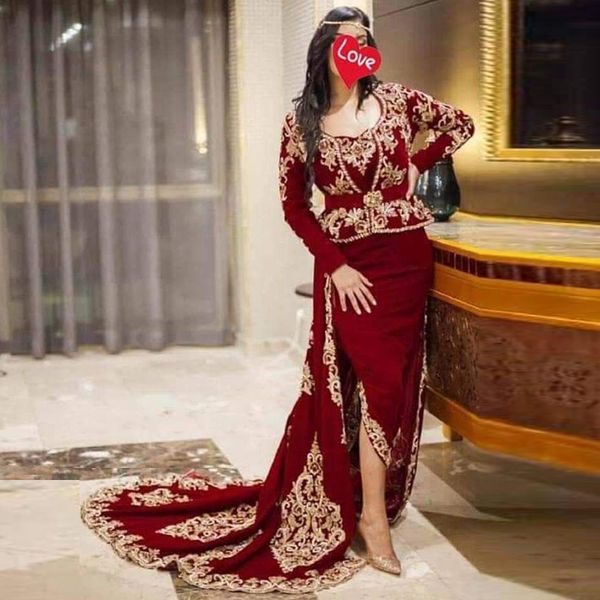 dark red mermaid karakou algerian velvet evening dresses long sleeves gold appliques lace party gowns removbale court train prom dress, Black;red
dark red mermaid karakou algerian velvet evening dresses long sleeves gold appliques lace party gowns removbale court train prom dress, Black;red