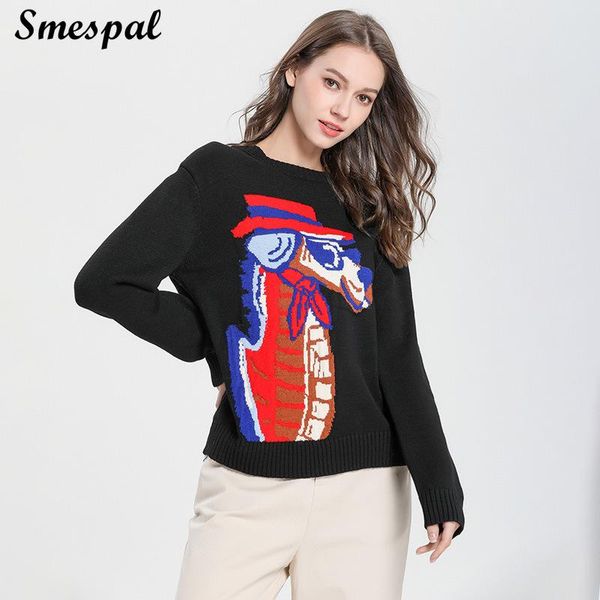 women autumn winter knit sweaters in soft touch ladies black casual pullovers with cartoon kitted pattern, White;black
women autumn winter knit sweaters in soft touch ladies black casual pullovers with cartoon kitted pattern, White;black