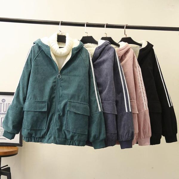 women corduroy jackets hooded autumn winter warm lamb fur coats female bomber jacket student short outerwear1, Black;brown
women corduroy jackets hooded autumn winter warm lamb fur coats female bomber jacket student short outerwear1, Black;brown