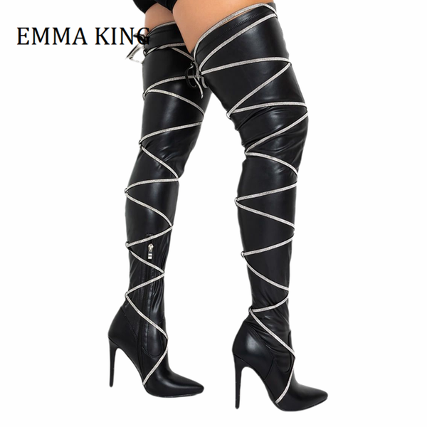 boots fall winter women rhinestone straps soft black pu leather thigh high pointed toe bling club botas de mujer
boots fall winter women rhinestone straps soft black pu leather thigh high pointed toe bling club botas de mujer
