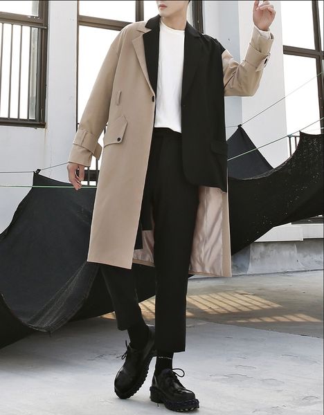men's trench coats original self-made irregular color contrast stitching mid-length coat jacket male couple tide, Tan;black
men's trench coats original self-made irregular color contrast stitching mid-length coat jacket male couple tide, Tan;black