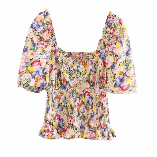 women's blouses & shirts 2021 summer floral print shirt women short balloon sleeves smocked hem blouse female elegant front pearl butto, White
women's blouses & shirts 2021 summer floral print shirt women short balloon sleeves smocked hem blouse female elegant front pearl butto, White